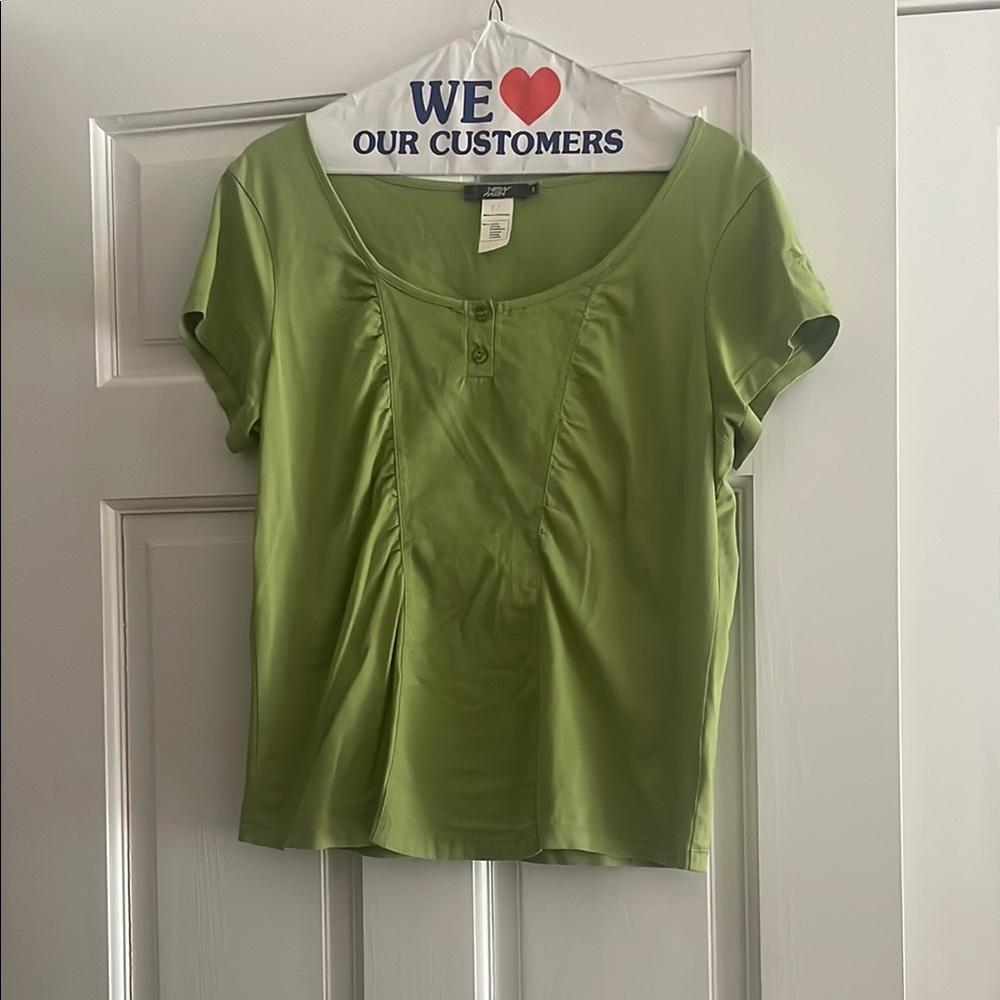 Green Fitted Ruched Blouse with Cuffed Sleeves